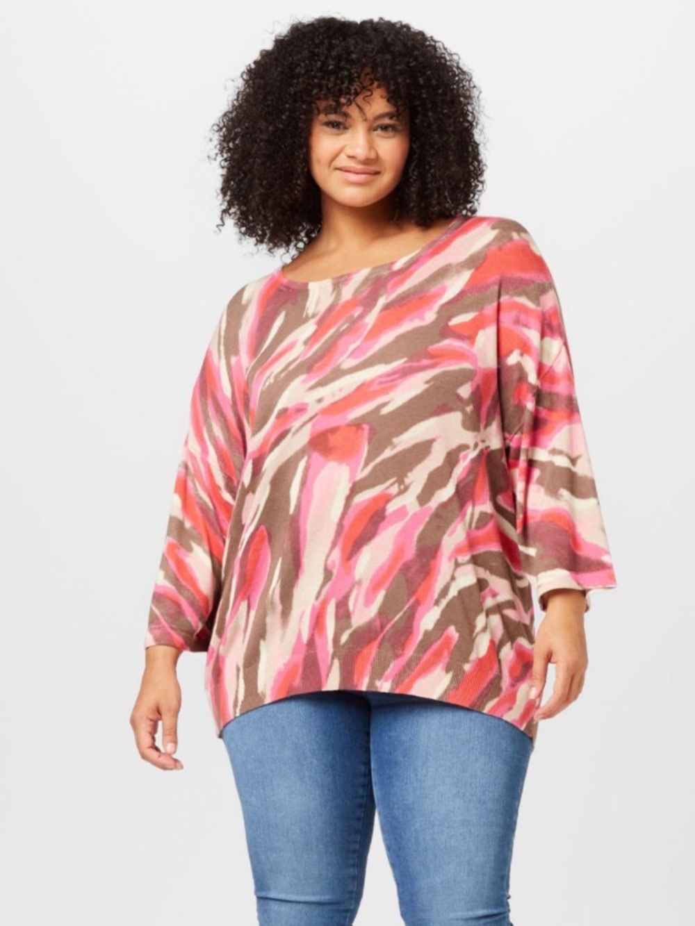 Fransa Abstract Print Knit Sweater Pink Red Brown Short Sleeve US XL 16